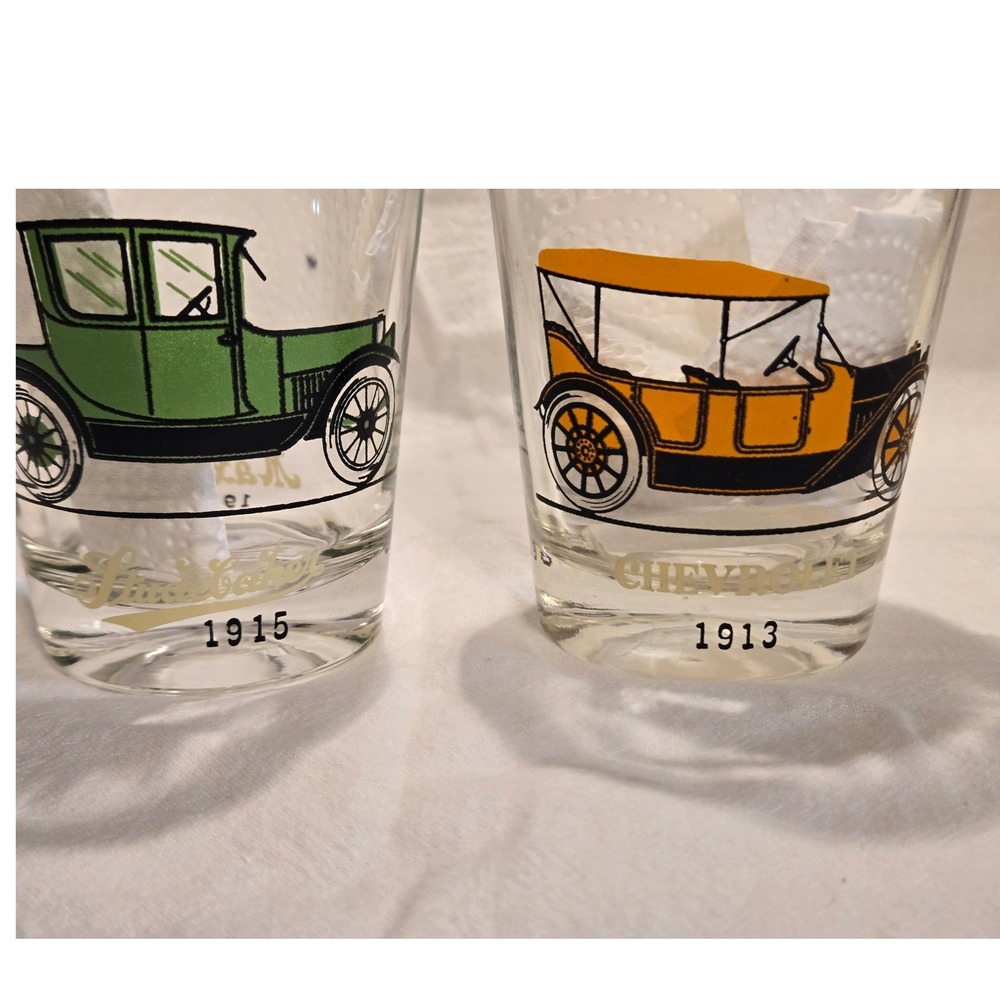 Vintage Antique Car Whiskey Glasses Set of 2 Ford Chevy Maxwell Studebaker